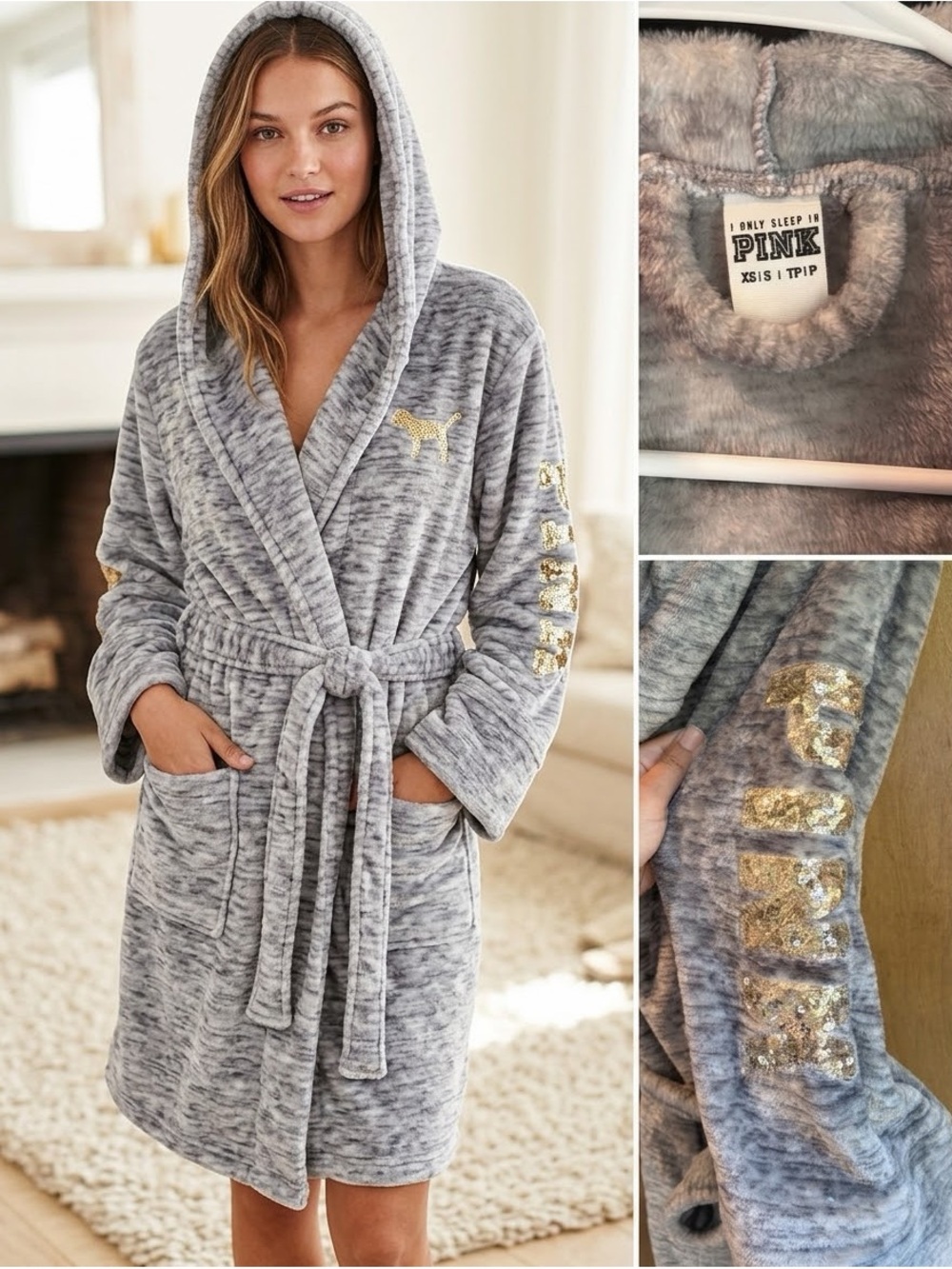 PINK Victoria's Secret Women’s Gray Plush Hooded Bathrobe with Gold Logo